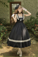 [The Oak Tree in the Wind] Square Collar Sleeveless Jacquard Embroidered Lace Classic Elegant Lolita Jsk Dress 2 Colors (Black, Green) - Product - 21