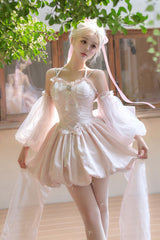 Pink [The Runaway Princess] Sleeveless Ruffle Bowknot Lace-Up Sweet Lolita Jsk Tulip Dress Set - Product - 5