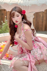 Pink Multi-Color Rose Print Sleeveless Short Version Sweet Lolita Strapless Dress - Product - 5