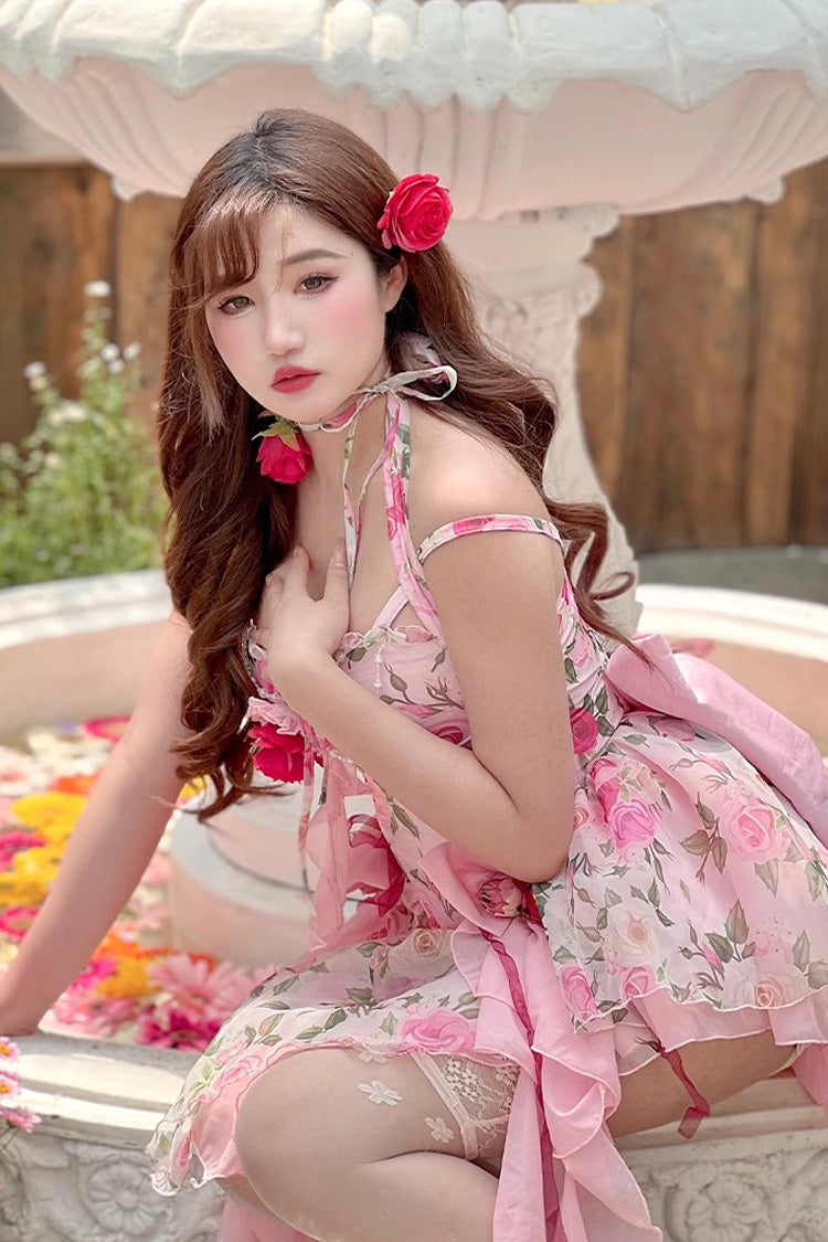 Pink Multi-Color Rose Print Sleeveless Short Version Sweet Lolita Strapless Dress - Product - 5