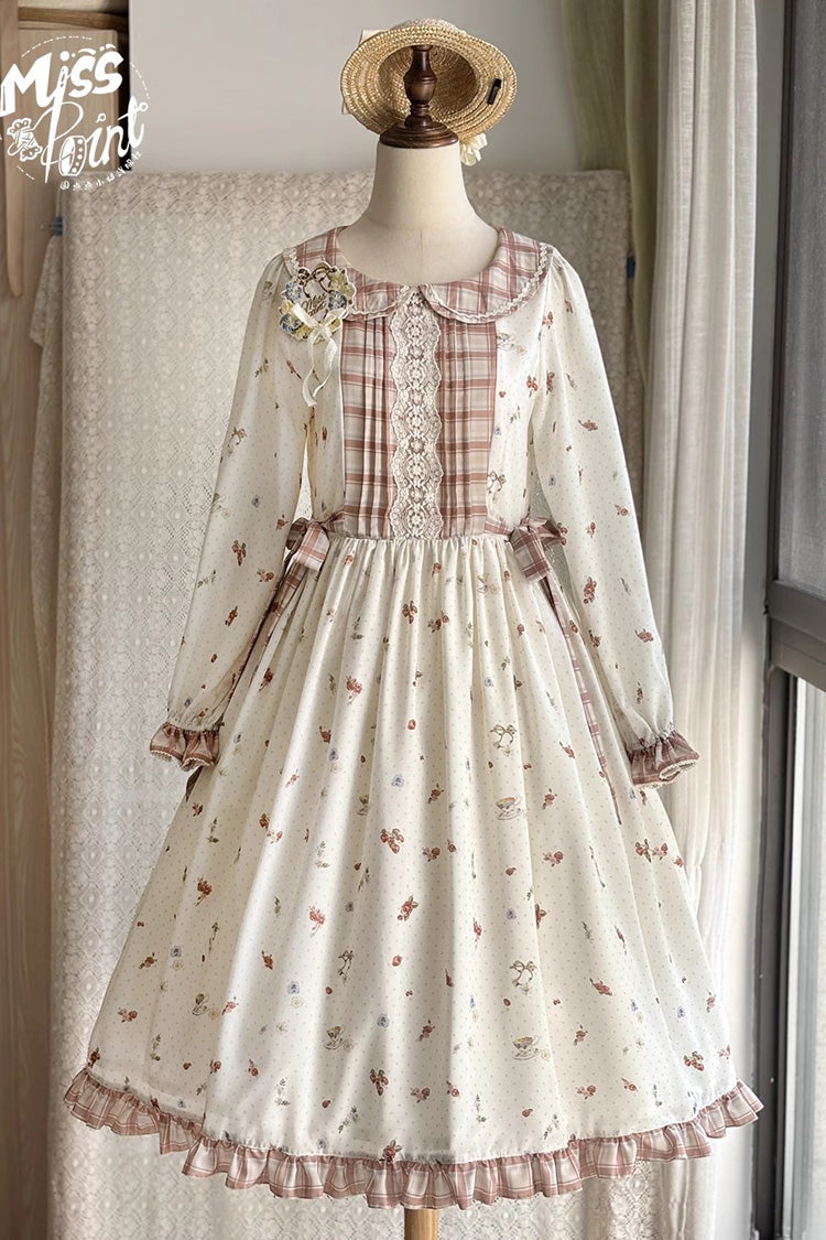 Ivory Round Collar Long Sleeves Print Ruffle Bowknot Sweet Elegant Lolita Dress - Product - 3