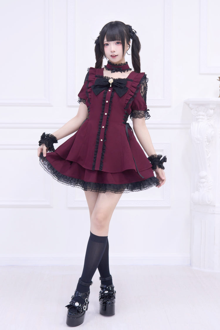 Red [Waltz] Short Sleeves Ruffle Bowknot Gothic Jirai Kei Japanese Dress Set - Product - 6