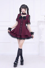 Red [Waltz] Short Sleeves Ruffle Bowknot Gothic Jirai Kei Japanese Dress Set - Product - 6