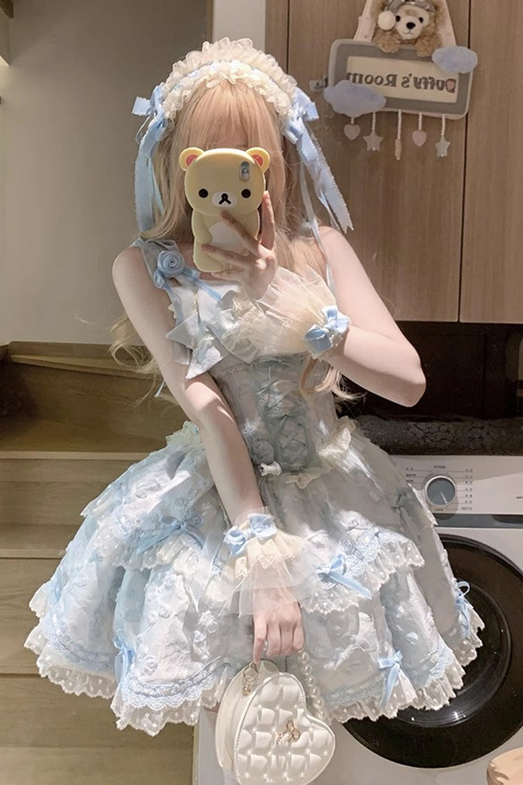 Blue [Floral Overture] Double-Layered Ruffle Embroidery Bowknot Lace Sweet Lolita Jsk Dress - Product - 2