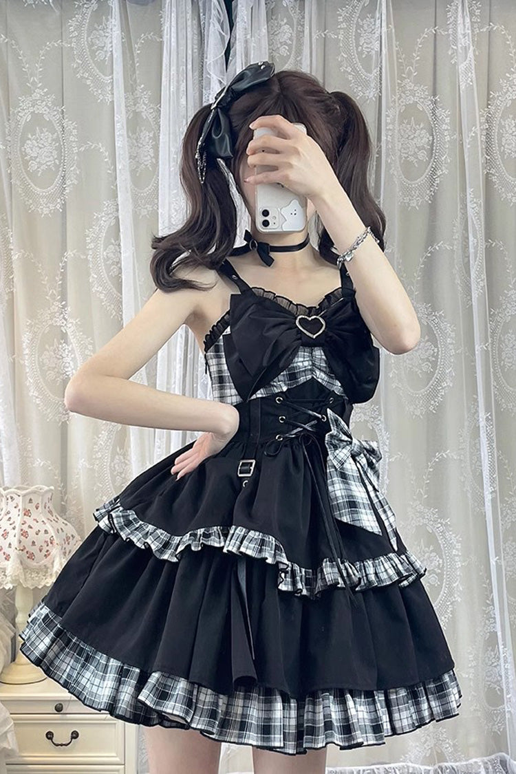Black/White Plaid Print Color Contrast Leather Buckle Bowknot Ruffle Gothic Lolita JSK Dress - Product - 6
