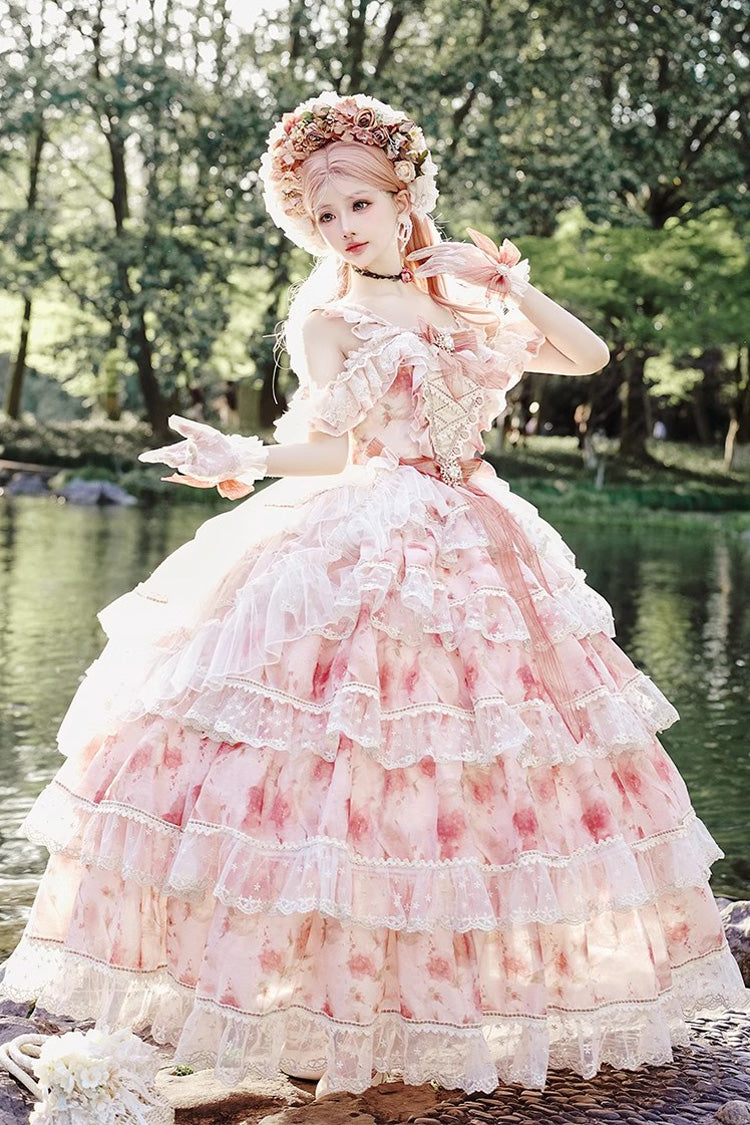 Pink [Rose Letter] Off Shoulder Triple-Layered Print Ruffle Hanayome Sweet Princess Lolita Dress - Pink - 1