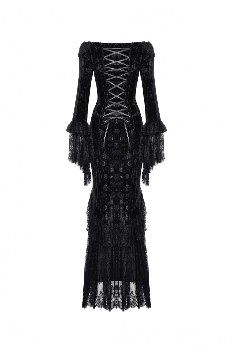 Black Off Shoulder Lace Long Trumpet Sleeves Lace-Up Women's Gothic Bodycon Dress - Product - 12