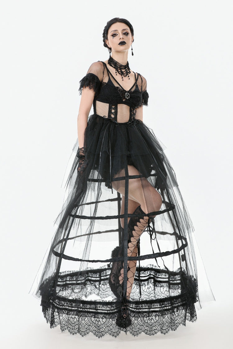 Black V Collar Short Sleeves Multi-Layered Sheer Mesh Women's Gothic Dress - Product - 8