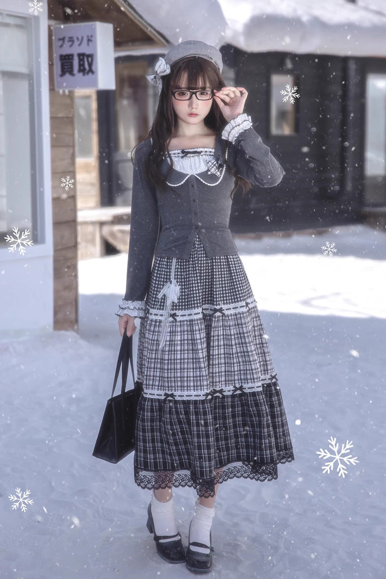 グレー [Star Candy] スクエアカラー 長袖 プリント Cut-Out レース 重ね着風 スウィートロリータスカートセット 商品画像
