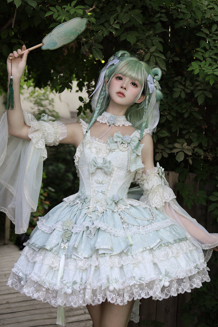 Green [Prelude of Spring Cherry] Square Collar Sleeveless Multi-Layered Jacquard Ruffled Bow Lace Pearl-Decorated Sweet Lolita Jsk Dress - Green - 1