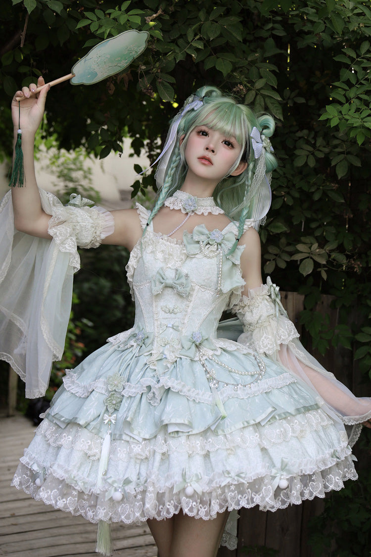 Green [Prelude of Spring Cherry] Square Collar Sleeveless Multi-Layered Jacquard Ruffled Bow Lace Pearl-Decorated Sweet Lolita Jsk Dress - Green - 1