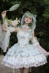 Green [Prelude of Spring Cherry] Square Collar Sleeveless Multi-Layered Jacquard Ruffled Bow Lace Pearl-Decorated Sweet Lolita Jsk Dress - Green - 1
