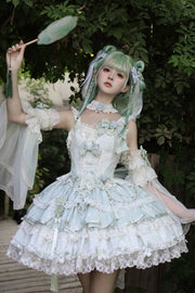 Green [Prelude of Spring Cherry] Square Collar Sleeveless Multi-Layered Jacquard Ruffled Bow Lace Pearl-Decorated Sweet Lolita Jsk Dress - Green - 1