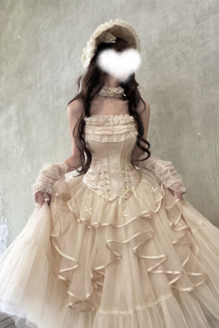 Ivory [The Summer Waves Sparkle] Square Collar Sleeveless Multi-Layered Ruffled Bow Lace-Up Slim Sweet Lolita Skirt Set - Product - 9