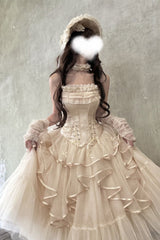 Ivory [The Summer Waves Sparkle] Square Collar Sleeveless Multi-Layered Ruffled Bow Lace-Up Slim Sweet Lolita Skirt Set - Product - 9