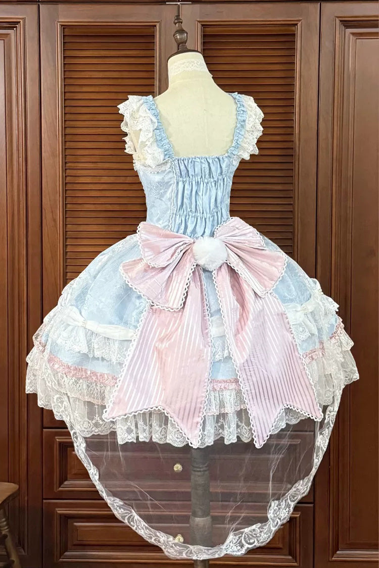 Blue/Pink [Prelude of Ribbons] Square Collar Sleeveless Jacquard Ruffled Open-Front Bow Lace Pearl Detail Floral Wall Plus Size Sweet Lolita Jsk Dress - Product - 4