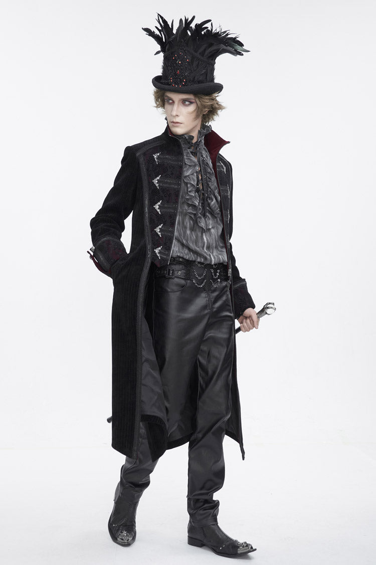 Black Stand Collar Long Sleeves Embroidery Slim Men's Gothic Coat - Product - 2