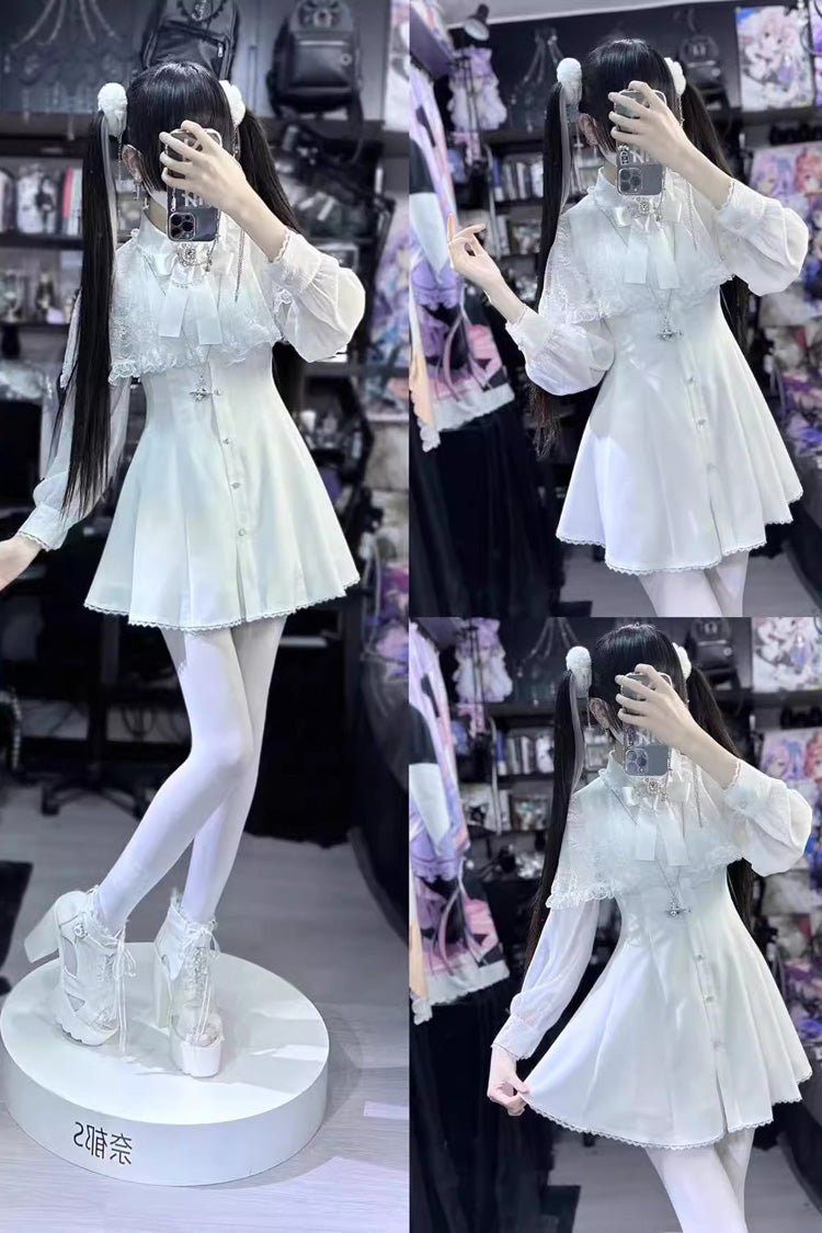 White Shawl Lace Chiffon Long Sleeves Lace Slim Jirai Kei Dress - Product - 4