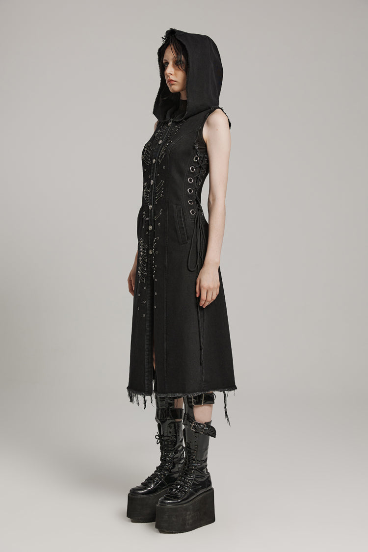 Black Side Drawstring Sleeveless Pin Decoration Hooded Womens Steampunk Long Vest - Product - 4