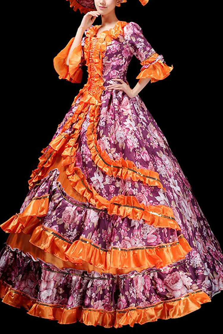Floral Print Half Sleeves Stitching Ruffled Multi-Layer Victorian Lolita Prom Dress - Orange - 4