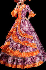 Floral Print Half Sleeves Stitching Ruffled Multi-Layer Victorian Lolita Prom Dress - Orange - 4