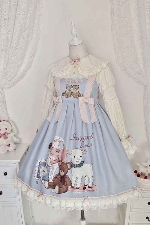 Blue Sheep & Bear Print Alice Girl Bowknot Ruffled Sweet Lolita JSK Dress - Product - 2