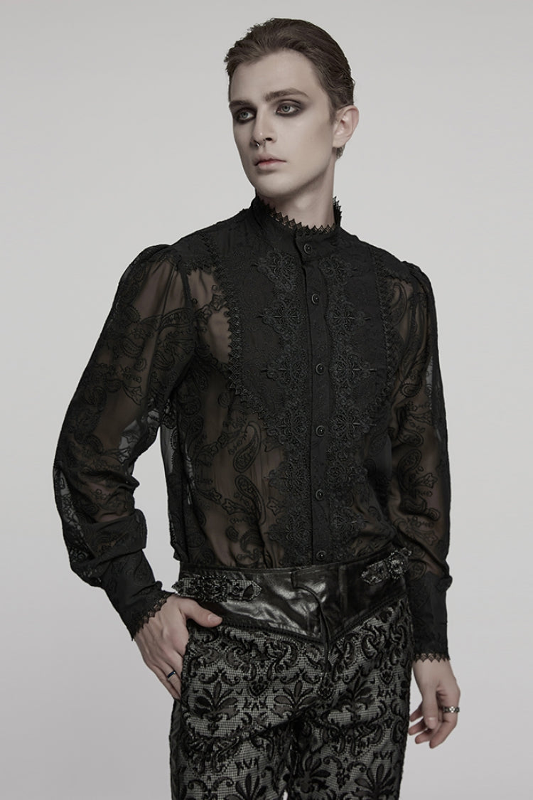 Black Stand Collar Chiffon Long Sleeves Hollow Embroidery Men's Gothic Blouse - Product - 2