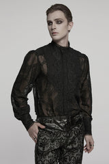 Black Stand Collar Chiffon Long Sleeves Hollow Embroidery Men's Gothic Blouse - Product - 2