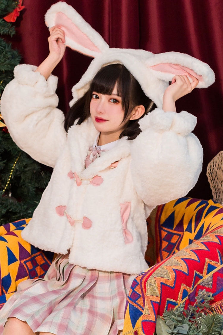 White Christmas Winter Long Sleeves Cute Rabbit Ears Sweet Lolita Coat - Product - 2