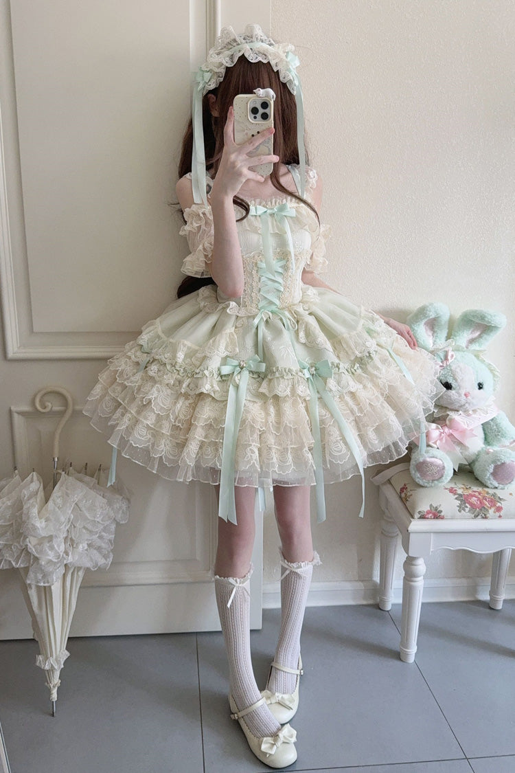 Green [Ribbon Heart Love] Sleeveless Multi-Layered Ruffle Bowknot Lace Lace-Up Sweet Princess Ballet Lolita Jsk Dress - Product - 6
