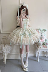 Green [Ribbon Heart Love] Sleeveless Multi-Layered Ruffle Bowknot Lace Lace-Up Sweet Princess Ballet Lolita Jsk Dress - Product - 6
