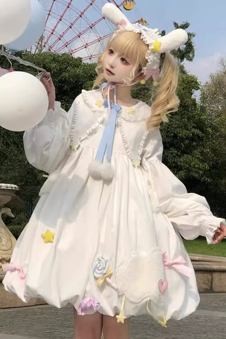 White Doll Collar Long Sleeves Candy Bowknot Sweet Lolita Dress - Product - 2
