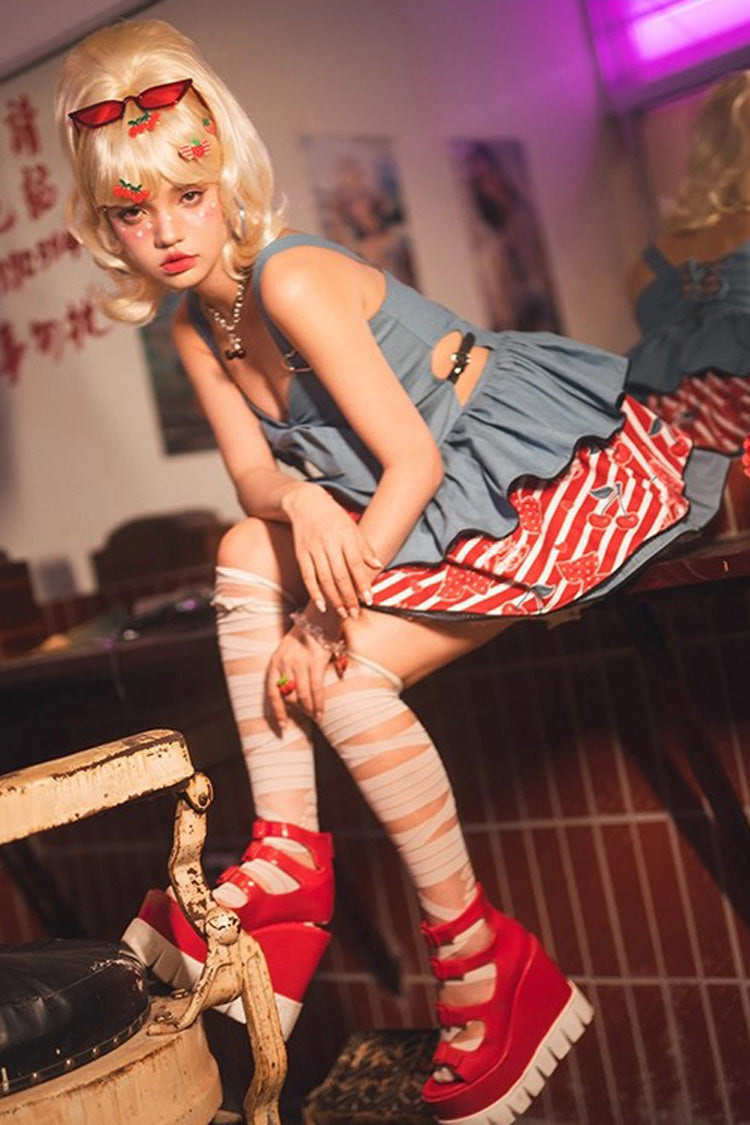 Blue [Cherry] Sleeveless Triple-Layered Print Ruffle Bowknot Denim Sweet Japanese Vintage Lolita Jsk Dress - Product - 9