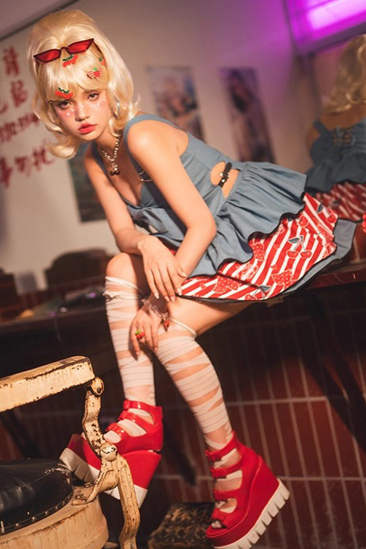 Blue Cherry Sleeveless Triple-Layered Print Ruffle Bowknot Denim Sweet Japanese Vintage (Dress Only) detail view 9