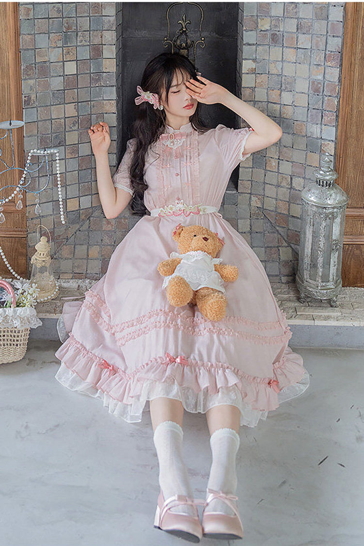 Pink Round Collar Short Sleeves High Waisted Ruffled Strawberry Midsummer Women's Sweet Lolita Dress - Product - 4