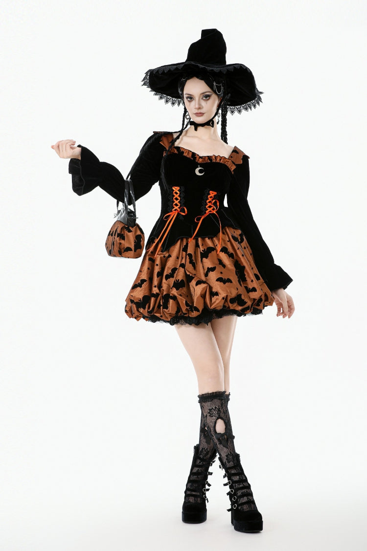 Black/Orange Square Collar Long Sleeves Bat Printed Lace-Up Women's Gothic Pumpkin Halloween Dress - Product - 8