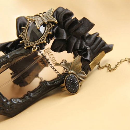 Black Retro Fashion Silk Cloth Gemstone Butterfly Design Female Gothic Lolita Ring Bracelet - Product - 5