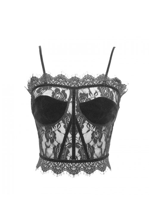 Black Adjustable Flocking Ribbons Decorated Lace Halter Gothic Corset - Product - 7