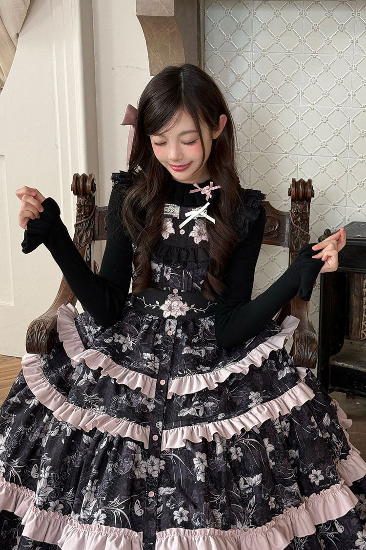 Black [Sacred Heart Lily] Round Collar Sleeveless Multi-Layered Printed Ruffled Embroidered Sweet Chinese Inspired Lolita Jumper Dress - Product - 11