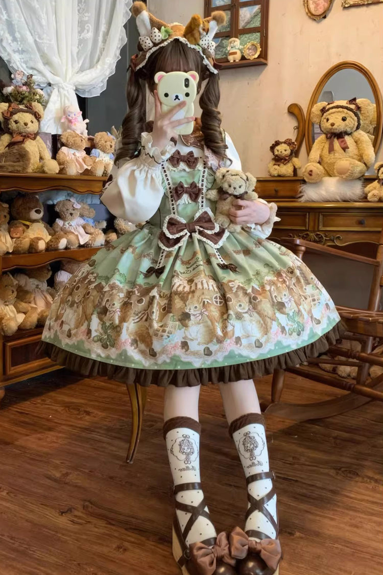 Green [Squirrel Chocolate Shop] Doll Collar Long Sleeves Printed Ruffled Bow Sweet Lolita Dress - Product - 9