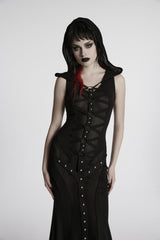 Black Off Shoulder Sleeveless Spliced Lace-Up Slim Mesh Studded Eyelet Women's Punk Dress - Product - 6