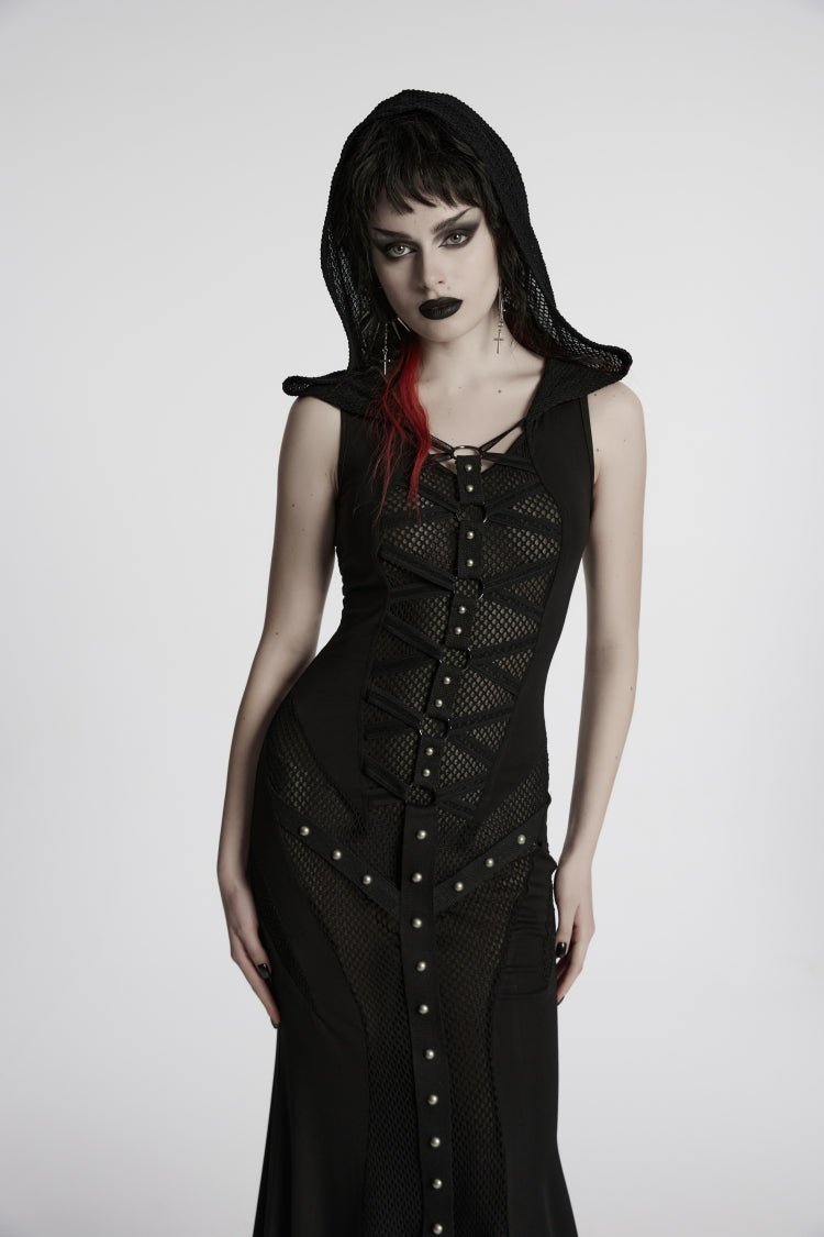 Black Off Shoulder Sleeveless Spliced Lace-Up Slim Mesh Studded Eyelet Women's Punk Dress - Product - 6