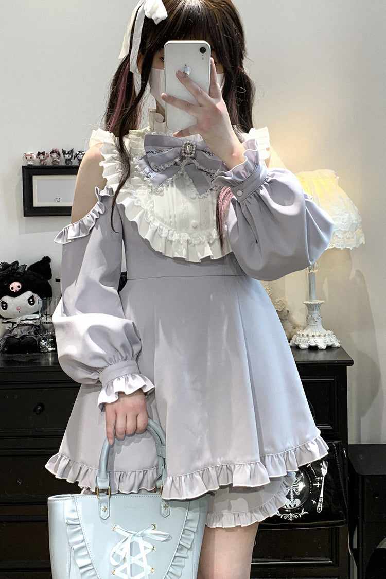 Light Blue [Rose Princess] Off Shoulder Long Sleeves Ruffle Bowknot Gothic Jirai Kei Dress - Product - 5