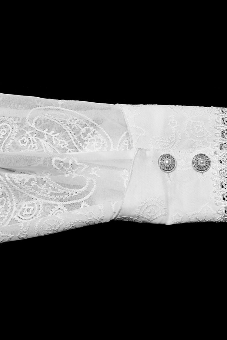 White Stand Collar Long Sleeves Ruffle Embroidery Men's Gothic Blouse - Product - 7