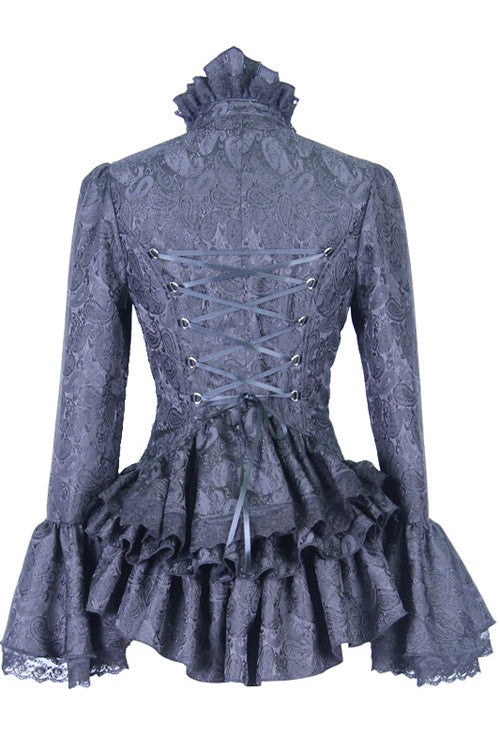 Black Trumpet Sleeves Lace Ruffled Vintage Print Womens Gothic Blouse - Product - 6