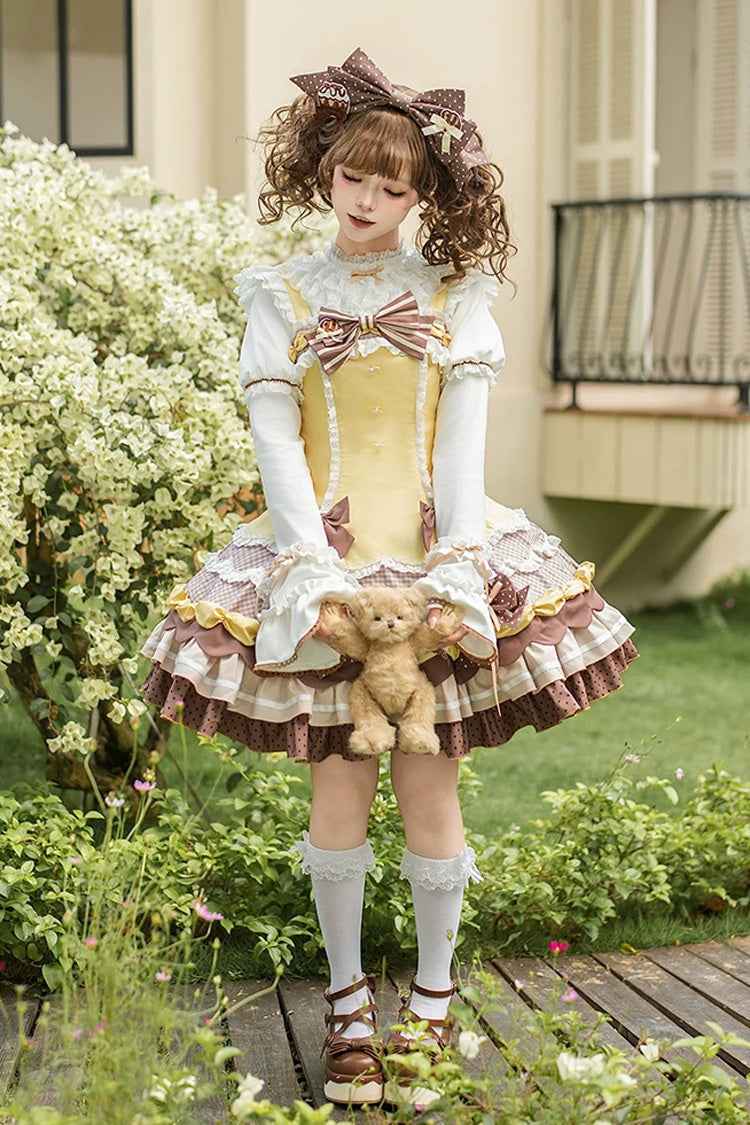 Yellow/Brown [Polka Dot Cake] Multi-Layered Printed Ruffled Bow Sweet Lolita JSK Dress - Product - 4