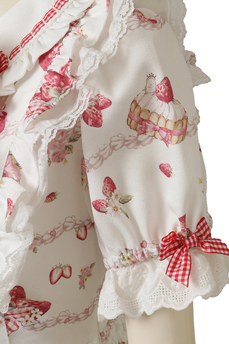 White [Creamy Berry] Print Short Puff Sleeves Ruffle Bowknot Lace-Up Sweet Jirai Kei Japanese Dress - Product - 6