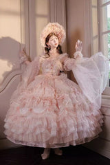 Pink [The Runaway Princess] Sleeveless Multi-Layered Printed Hanayome Bow Lace Pearl-Decorated Sweet Plus Size Gorgeous Lolita Jsk Dress - Product - 8