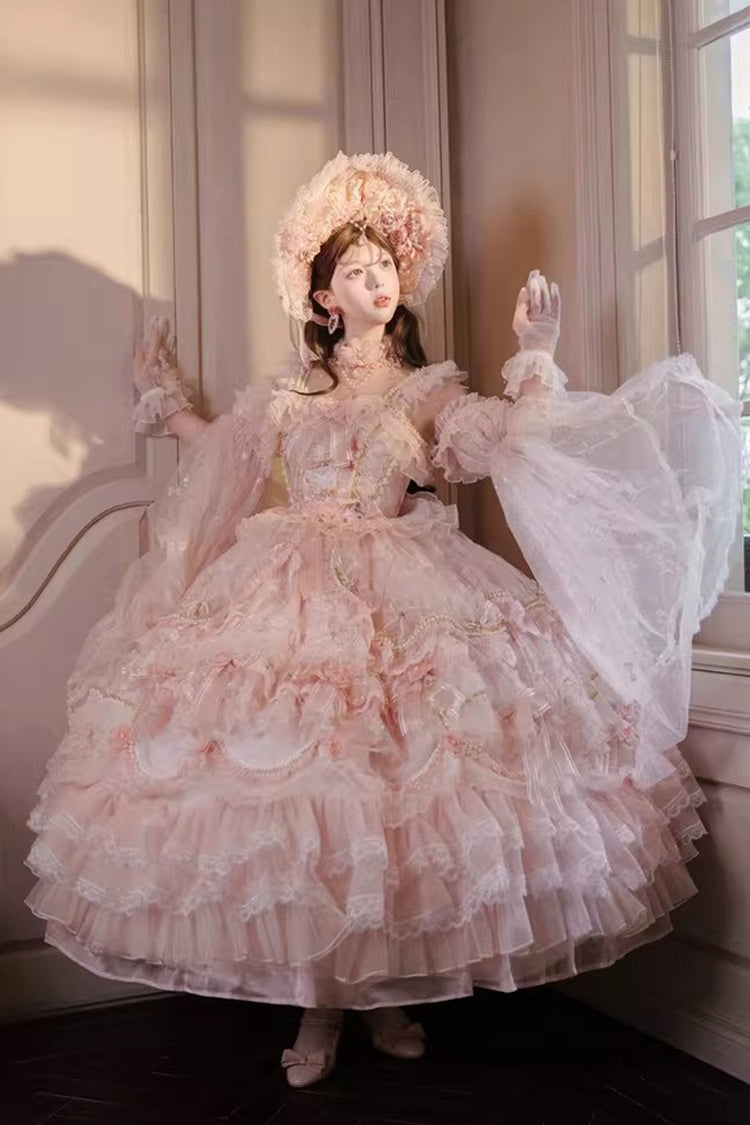 Pink [The Runaway Princess] Sleeveless Multi-Layered Printed Hanayome Bow Lace Pearl-Decorated Sweet Plus Size Gorgeous Lolita Jsk Dress - Product - 8