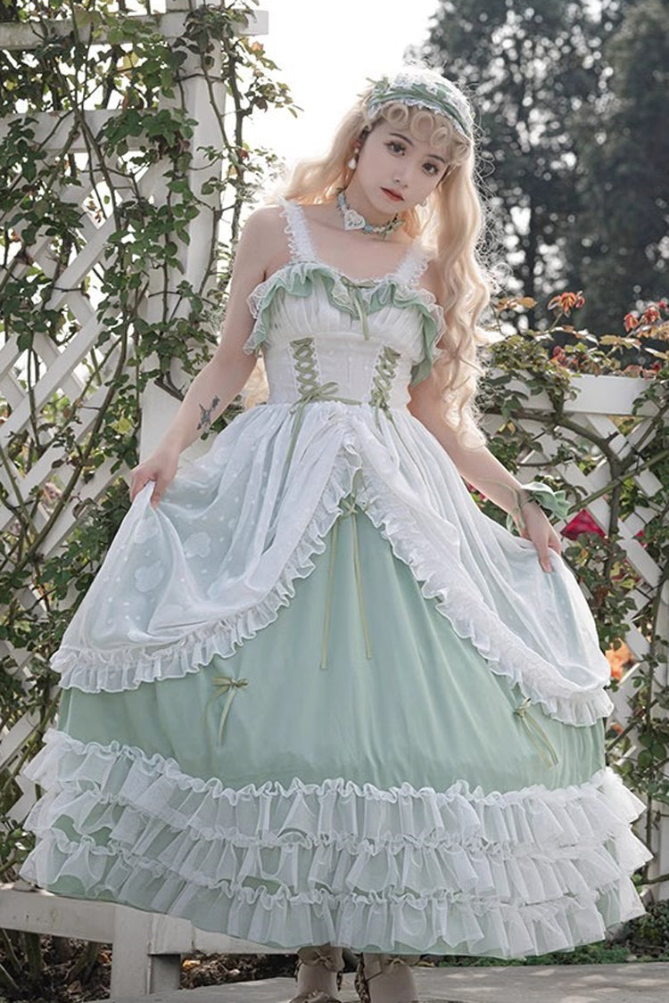 Green Multi-layer Ruffle Hanayome Lace Lace-Up Plus Size Sweet Lolita Jsk Dress (Long Version) - Green - 1